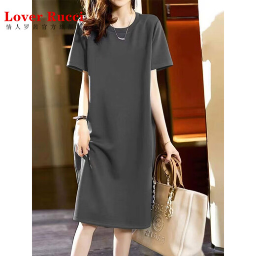 Lover Rucci grande taille Coton Pure Robe à manches courtes pour femmes Summer Loose Casual Thirt Jirt à la mode en l'âge Long Jupe noir (695 modèles) M