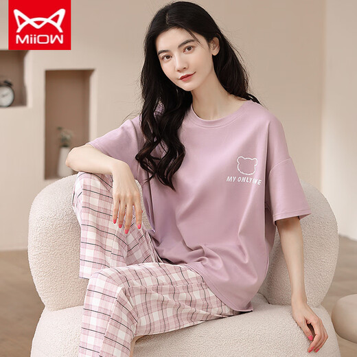 猫人 MIIOW新款夏季女睡衣短袖长裤薄款春夏外穿家居服夏天套装 短袖+长裤 YZT-9719 M 适合(80-100斤)穿