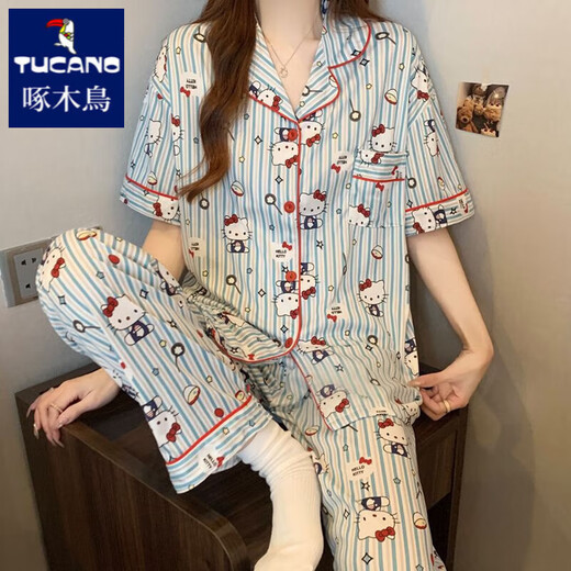 
Woodpecker KT cat pajamas for women in summer short-sleeved pure cotton three-piece set 2025 new cartoon cute student home clothes #FS-three-piece set 14137 M [75-95Jin[Jin equals 0.5 kg]]