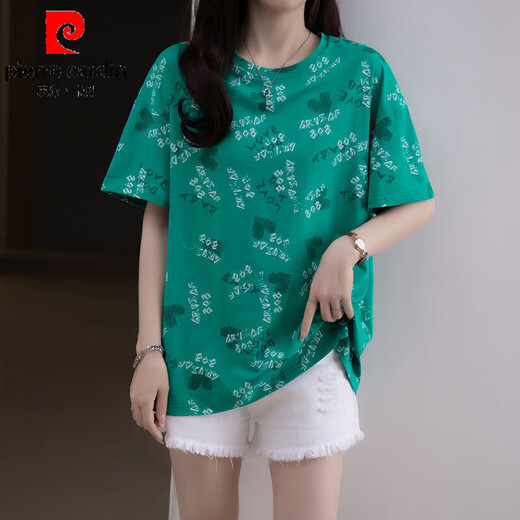 Pierre cardin large size pure cotton short-sleeved T-shirt for women fat mm covering belly hiding flesh to make them look slimming casual top for women 2025 summer clothing new style 6627 blue L 90-120Jin [Jin equals 0.5 kg]