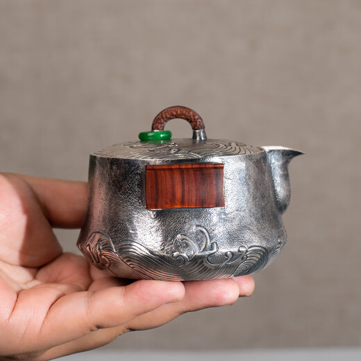 Dian Qingtang Yunnan Handmade Silver Teapot Pure Silver 999 Retro Wave Pattern Hand-caught Pot Pure Silver Chinese Tea Set Tea Set Wave Pattern Hand-caught Pot About 180g+Certificate+Gift Box