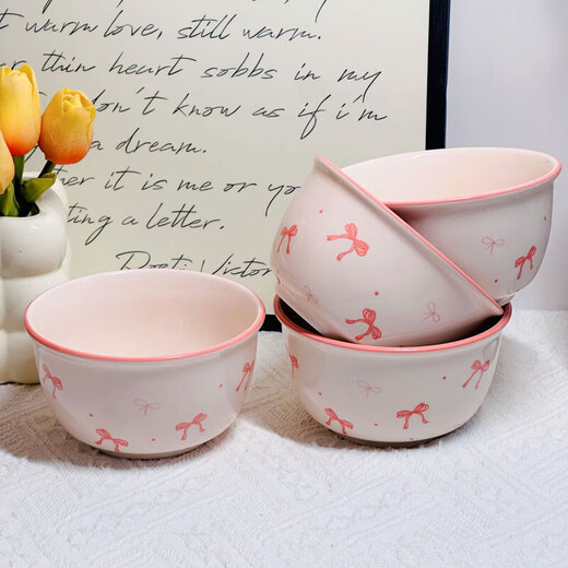 Pink and blue bow ceramic bowl home eating bowl ins high-looking underglaze color tableware dessert bowl soup bowl noodle bowl 1 bow 4.5-inch bowl