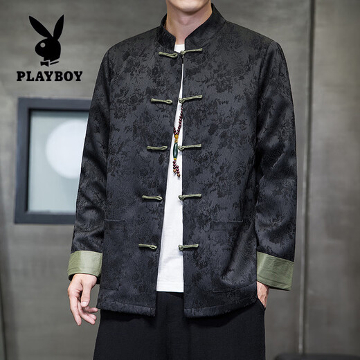 花花公子（PLAYBOY）新中式唐装男中国风秋冬季长袖夹克复古盘扣汉服宽松大码男士外套 Y756黑色 L 120-135斤