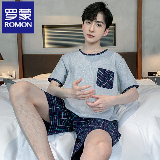 Romon Summer Set Herren Kurzarm Pyjamas dünne Baumwolle Freizeit Plus-Größe Teen Home Kleidung Lose zweiteiler Set D9928 L Männer