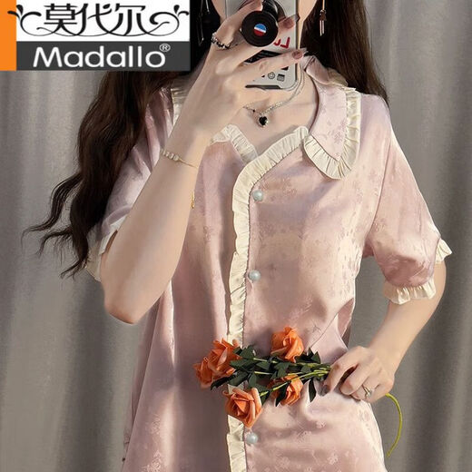 Modal Palace Style Pajamas for Women Summer Set Thin Cool Ice Silk Short Sleeve Trousers Purple Girl Jacquard Home Clothing YFY-9905 [Peach Short Sleeve Trousers] M [Suggested 80-100Jin [Jin equals 0.5 kg]]