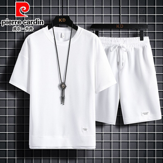 皮尔卡丹（pierre cardin）重磅华夫格短袖T恤男夏季宽松大码运动短裤套装工作服圆领透气潮 829黑色【套装】 M 100-120斤