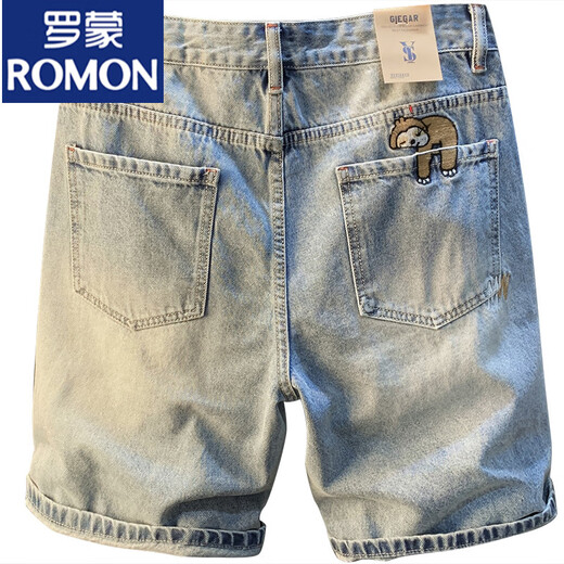 ROMON Summer Casual Shorts Men's Large Size Light Color Cotton Five-Part Jeans Trendy Embroidery High-end Men's Straight-Part Mid-Part Blue [XY9922] 28 Suitable for weight 95-108Jin [Jin equals 0.5 kg]