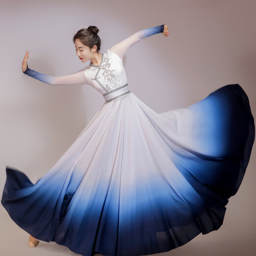 Gosilang Mongolian costume female blue dance costume adult art test large swing skirt opening dance dress Mongolian stage table gradient color M