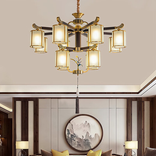 OPP (Opple) 2025 neuer Stil Abwärts alle Kupfer New Chinese Style Wohnzimmer Kronleuchter chinesischer Stil High-End Atmospheric Villa Restaurant Tea Room Hall 9889-10 Kupferköpfe Volles Spektrum Drei-Farben LED LED LED