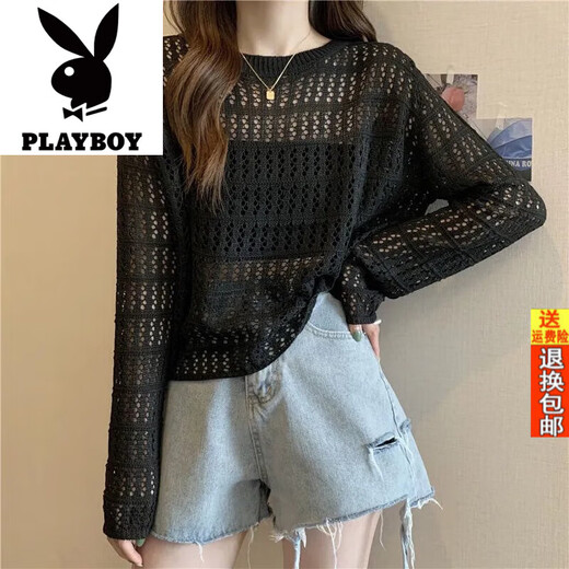 Playboy (PLAYBOY) official hollow sweater summer sweater 2025 new Korean version long-sleeved loose versatile top sunscreen cover white S suggested 7595Jin [Jin equals 0.5 kg]