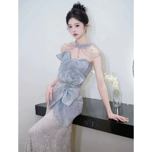 季节里鱼尾裙礼服鱼尾抹胸晚裙新款宴会气质主持人挂脖新娘敬酒服订 浅蓝色 S