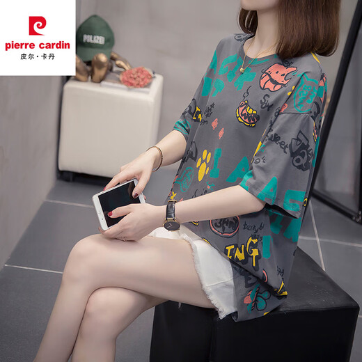 Pierre cardin 2025 summer new cotton short-sleeved T-shirt for women with large size fat mm belly cover 200 Jin [Jin equals 0.5 kg] slim and casual versatile top 6624 green M [about 80-95]