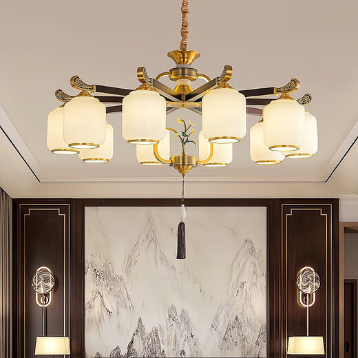 OPP (Opple) 2025 neuer Stil Abwärts alle Kupfer New Chinese Style Wohnzimmer Kronleuchter chinesischer Stil High-End Atmospheric Villa Restaurant Tea Room Hall 9889-10 Kupferköpfe Volles Spektrum Drei-Farben LED LED LED