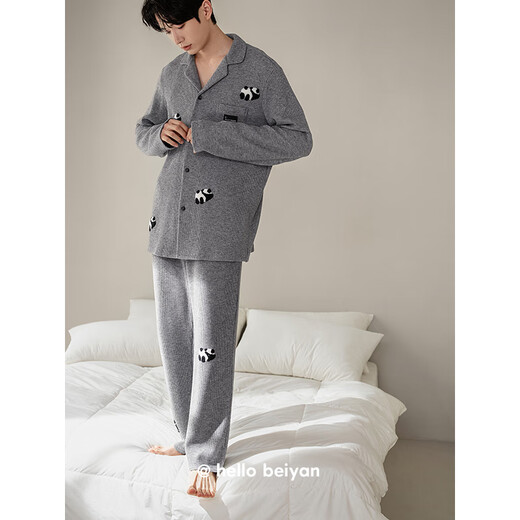 Benny Bear Beiyan Spring and Autumn New Thick Knitted Cotton Long-Sleeved Couple Pajamas Cute Panda Men and Women Home Clothing Set C20790 Women's XL Size