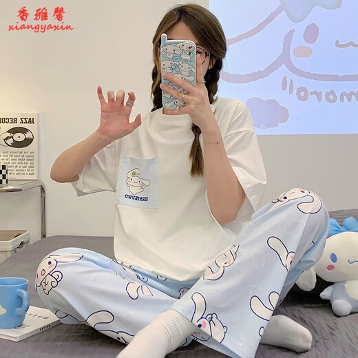 KNFN pajamas for women in 2024 new summer pure cotton short-sleeved trousers thin Korean style loose-fitting home clothing suit 6627 black plaid pants M size 80-100Jin [Jin equals 0.5 kg]