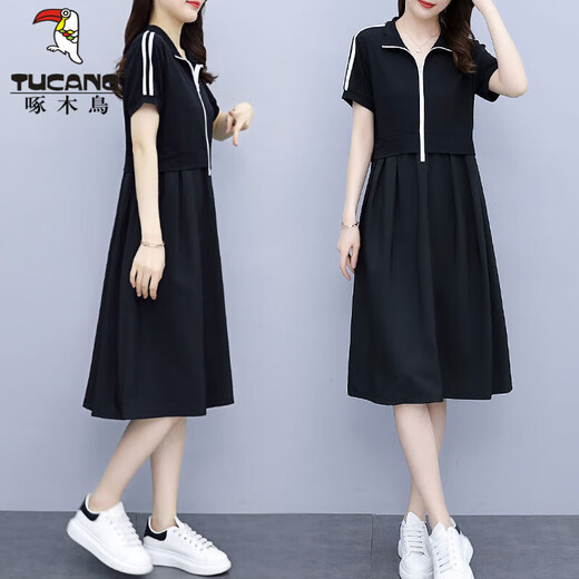 Дятел летнее толстое ММ в корейском стиле свободное облегающее платье с короткими рукавами женское большого размера 200Jin Jin равно 0,5 кг Толстая повседневная юбка, закрывающая живот, черная 5XL рекомендуется 180-200Jin Jin равна 0,5 кг