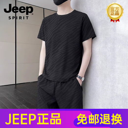 
JEEP SPIRIT Casual Sports Set Men's 2025 Summer Trendy Ice Silk Short Sleeve Shorts Paired Set 718 Black 2XL [141-160]