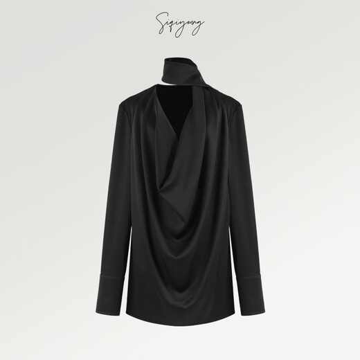 SIQIYOUNG tassel scarf design acetate irregular swing collar French long-sleeved high-end shirt black S