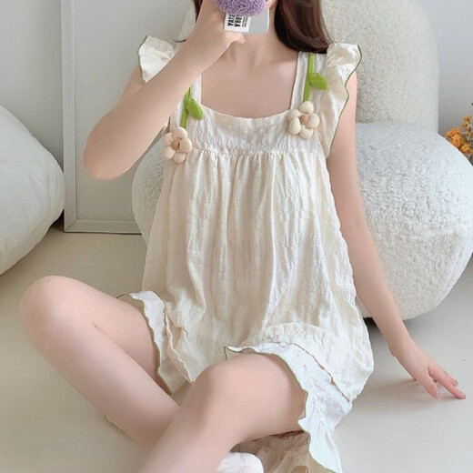 Pushui Fangfang Summer Summer con almohadilla de pecho Pajamas de estilo princesa Set dulce y linda ropa para casa HDS-9930# Color de albaricoque 175 L