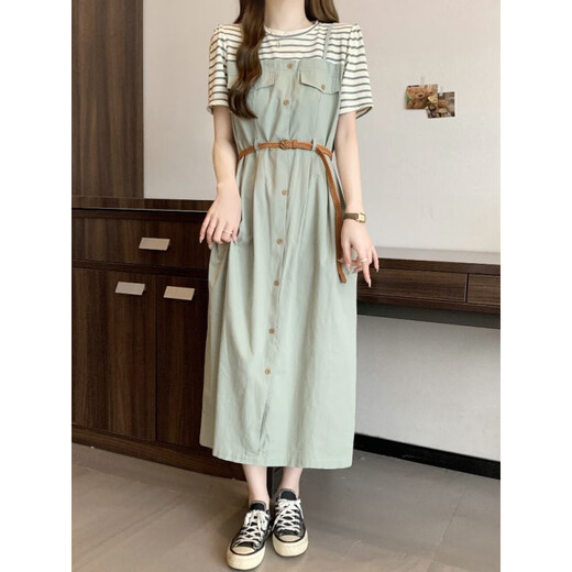 Star Chui Xiaowu Summer French Large Size Dress Fat MM Extra Large Size 300 Jin [Jin equals 0.5 kg] Fake two-piece striped T-shirt dress for women summer display C1049-Bean green dress without belt M (80-110 Jin [Jin equals 0.5 kg])