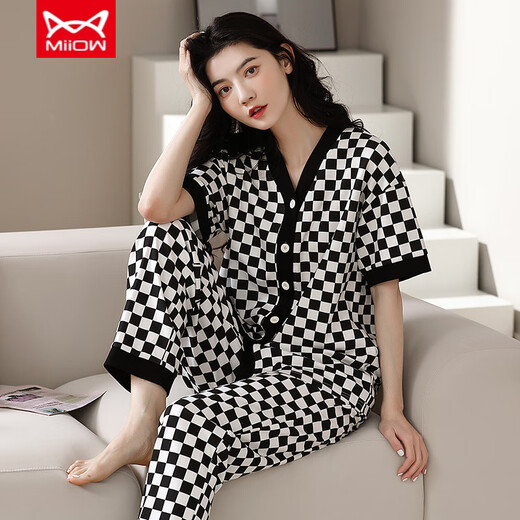猫人（MiiOW）纯棉睡衣女春夏短袖长裤开衫韩版可爱领夏天家居服全棉套装 YSH-911#开衫 L 码100-120斤需预留缩水