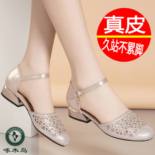 Pájaro carpintero de cuero genuino tacón grueso sandalias de los pies para mujeres zapatos de madre de moda suave zapatos de malla de verano zapatos individuales bajos tacones de punta redonda de punta redonda 699-8 Color de champán 35