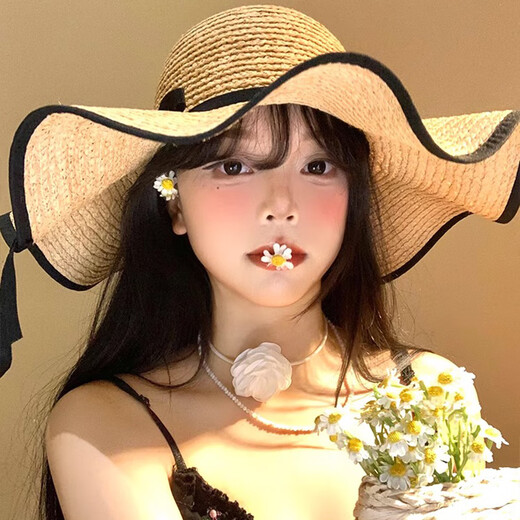 逸兼遮阳帽蝴蝶结波浪边草帽女夏季复古大帽檐遮阳帽海边沙滩度假帽子 波浪渔夫帽草帽【卡其均码】 自带防风绳