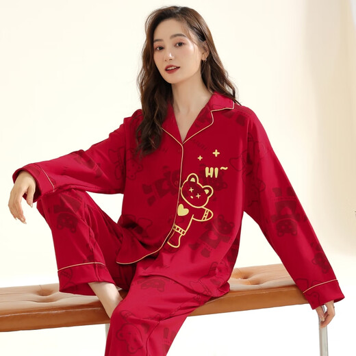 Mizu couple wedding red pajamas big red pajamas women's cotton natal spring and autumn set wedding autumn and winter W9754 set M 7090Jin [Jin equals 0.5 kg]