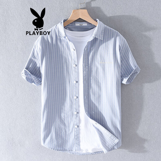 花花公子（PLAYBOY）夏季纯棉日系新款休闲短袖衬衫条纹免烫帅气男士衬衣服 9738黑条纹 2XL 145斤左右