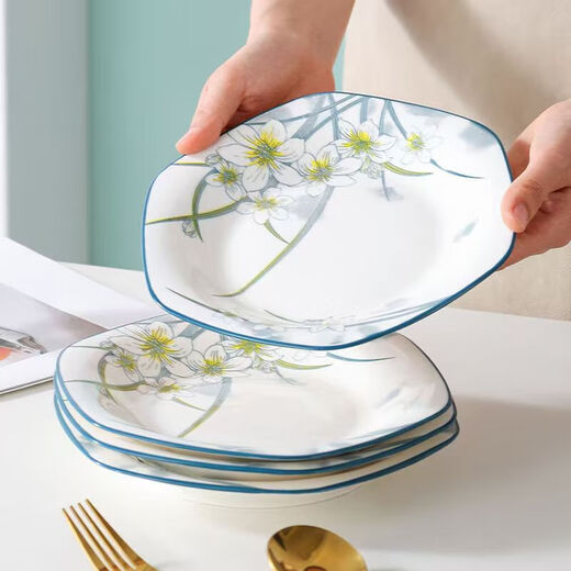 Underglaze color simple Chinese-style narcissus 6-corner plate high-end special-shaped plate household ceramic tableware set Narcissus 6-corner plate 1 piece