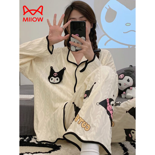 Miiow King Catman Elvis Pure Cotton Pyjamas für Frauen Frühling und Herbst Neue Langarmhosen Loose Strickwind Sweet Cartoon niedliche Heimkleidung Set 9215 m [Vorgeschlagen 80-100Jin [Jin gleich 0,5 kg]]