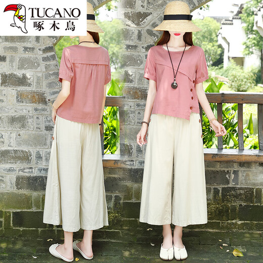 Woodpecker casual de lino de moda para mujeres 2025 Summer nuevo set con las piernas anchas de las mujeres Línea de algodón de dos piezas de dos piezas [set] M [sugerido 90-105jin [Jin es igual a 0.5 kg]]]