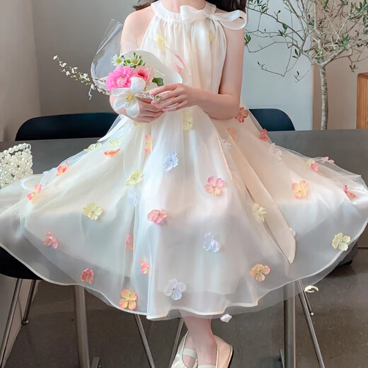 Feiyao Girls' Skirt Summer 2025 New Children's Clothing Fashionable Girl Mesh Princess Dress Baby Summer Halve Neck Dress Summer Halve Neck Halve Neck Flying Princess Dress 140 Size Recommended Height 130