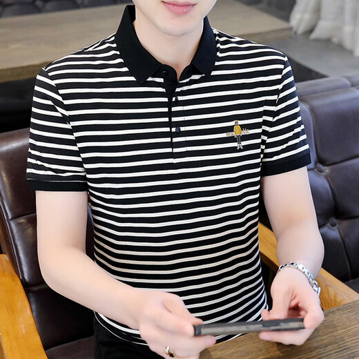 Polos de Hailan Polo a rayas Polo de manga corta para hombres Camisa de seda de hielo delgada de estilo coreano Camisa bordada casual 6626 Caki L (105120Jin [Jin equivale a 0.5 kg])