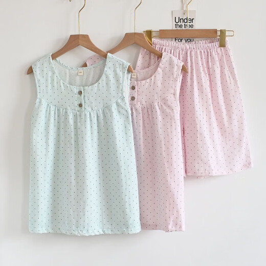 Baby cotton pajamas for women in summer thin polka dot age-reducing vest shorts suit for women's cotton home clothes for outdoor wear Mint green dot XL