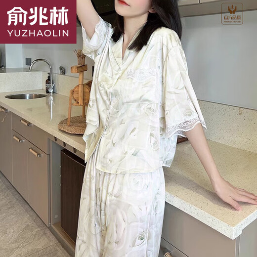 
Yu Zhaolin (YUZHAOLIN) Lace Ice Silk Pajamas Women's Summer Thin Short Sleeve Trousers Two-Piece Set Home Suit Silky 2025 New Style YX9905 Short Sleeve Trousers M Recommended 80-100Jin [Jin equals 0.5 kg]