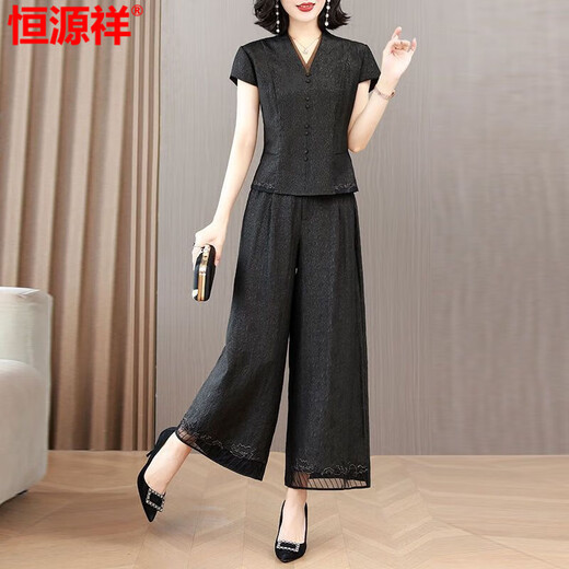 Hengyuanxiang high-end suit for women 2025 summer new style temperament, age-reducing and slimming belly, mother wear wide-leg pants two-piece suit black 1416# XL [101-115Jin[Jin equals 0.5 kg]]