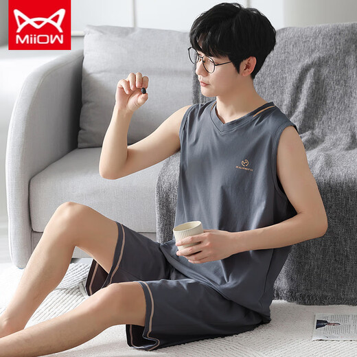 Catman MIIOW Modal men's pajamas summer sleeveless vest thin pajamas home clothes two-piece set Modal cool set-12023 L (recommended 100-125 Jin [Jin equals 0.5 kg])