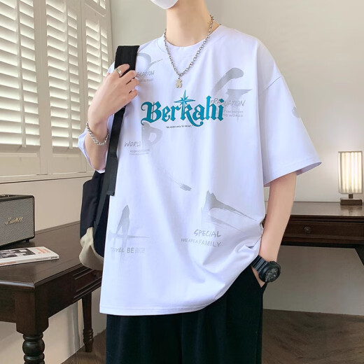 奥计夏天潮牌短袖T恤男学生宽松青少年大童体恤衣服 693米色（单件短袖）  M 80-95斤左右