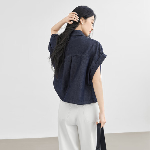 
White slack and casual denim shirt for women 2025 summer new design drawstring Laiser shirt short jacket denim blue M