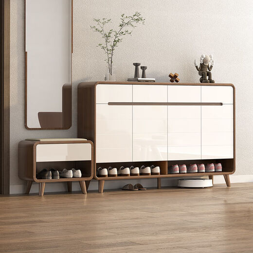 JUZHU's new style new Chinese-style solid wood shoe cabinet simple household door entrance entrance entrance entrance entrance storage cabinet storage cabinet door against the wall storage walnut color 106cm long delivery
