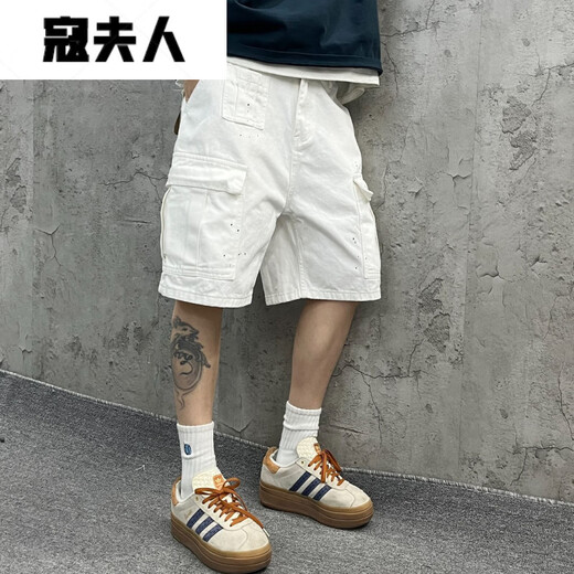 寇夫人尹小鸡 重磅水洗宽松工装大口袋白色竹节牛仔短裤五分裤男女1049 白色 M 【90-110】