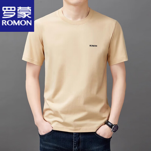 罗蒙（ROMON）短袖t恤男夏季新款中青年圆领宽松透气半袖上衣服休闲凉感体恤衫 YS9929驼色【带标】 XL 115【140-160斤】