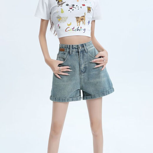 【小个子】新款2025年夏季女装高腰复古牛仔短裤外穿A字裙摆 浅蓝色 QGQ7019 L 【110-120斤】
