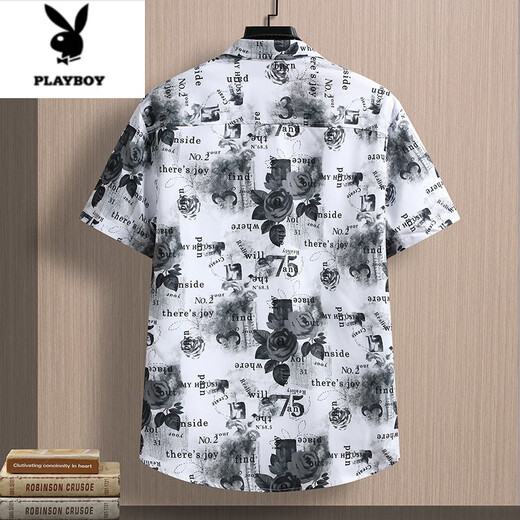 花花公子（PLAYBOY）冰丝短袖花衬衫男士薄款夏季新款潮流玫瑰花寸衫免烫休闲个性寸衣 JT7027蓝色 M 90-109斤