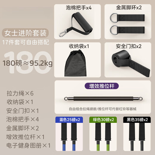 Zailu quality tension rope home fitness female high pull-down trainer back-hanging door elastic band Pilates bar 17-piece advanced set