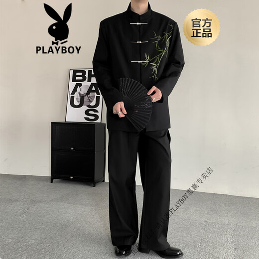 花花公子（PLAYBOY）春夏气质立领新中式竹子刺绣西装男感休闲中山装结婚西服套装 银竹 黑色单西服 M