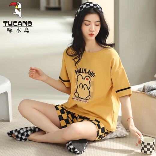 Tucano; Woodpecker Summer Summer de manga corta para mujer Conjunto de pijama a cuadros de algodón Summer Summer Pure Korean Ropa para el hogar puede ser dibujos animados para Y9855 m al aire libre (sugerido 75-95Jin [Jin equivale a 0.5 kg])