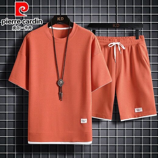 皮尔卡丹（pierre cardin）重磅华夫格短袖T恤男夏季宽松大码运动短裤套装工作服圆领透气潮 829黑色【套装】 M 100-120斤