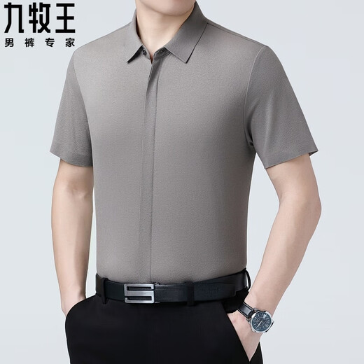 九牧王感桑蚕丝衬衫短袖中年商务休闲免烫暗门冰·丝 6913#灰绿 S 165/84A体重95-115斤